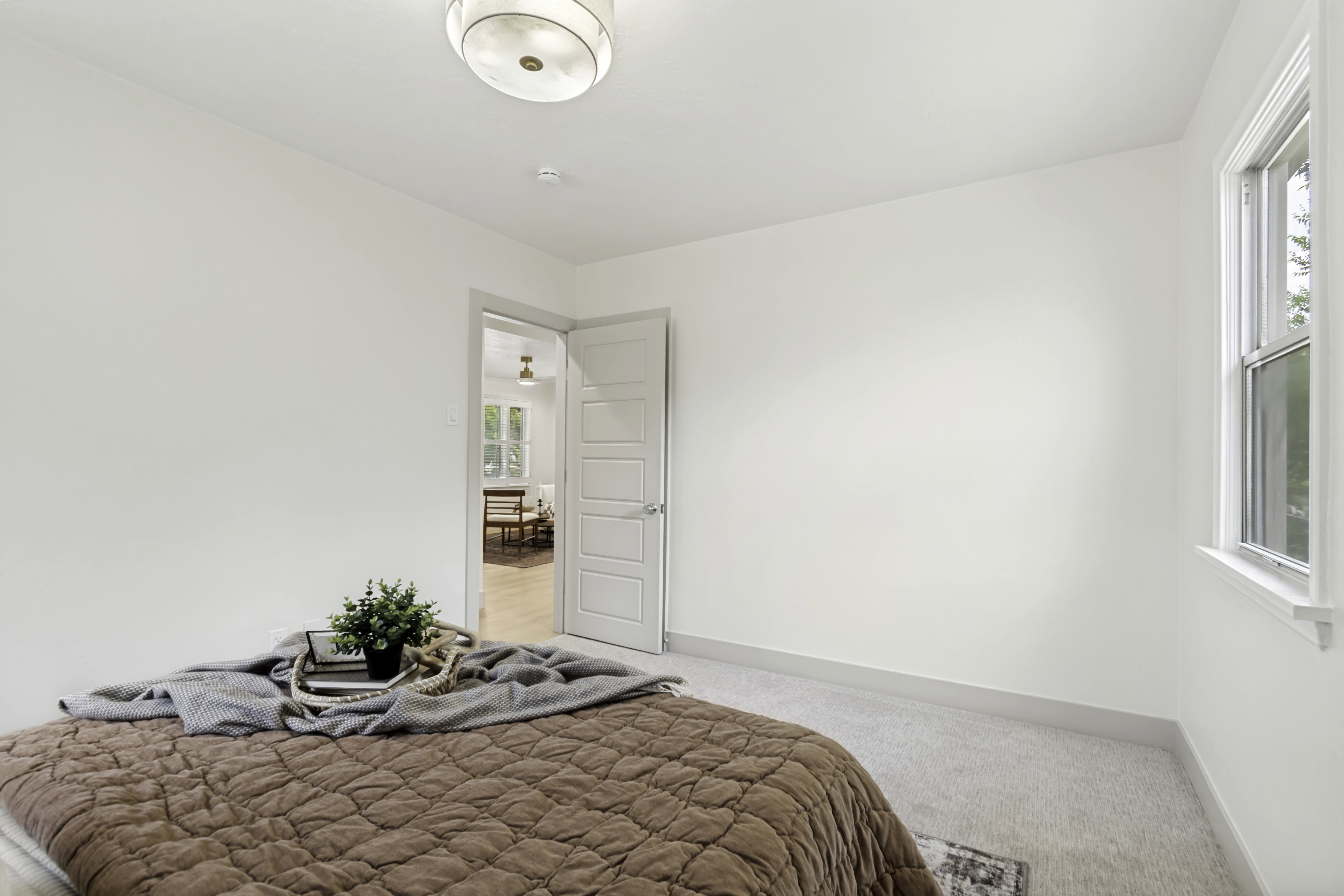 Neutral color palette featuring soft carpet flooring, a single window, and a flush-mount ceiling light fixture