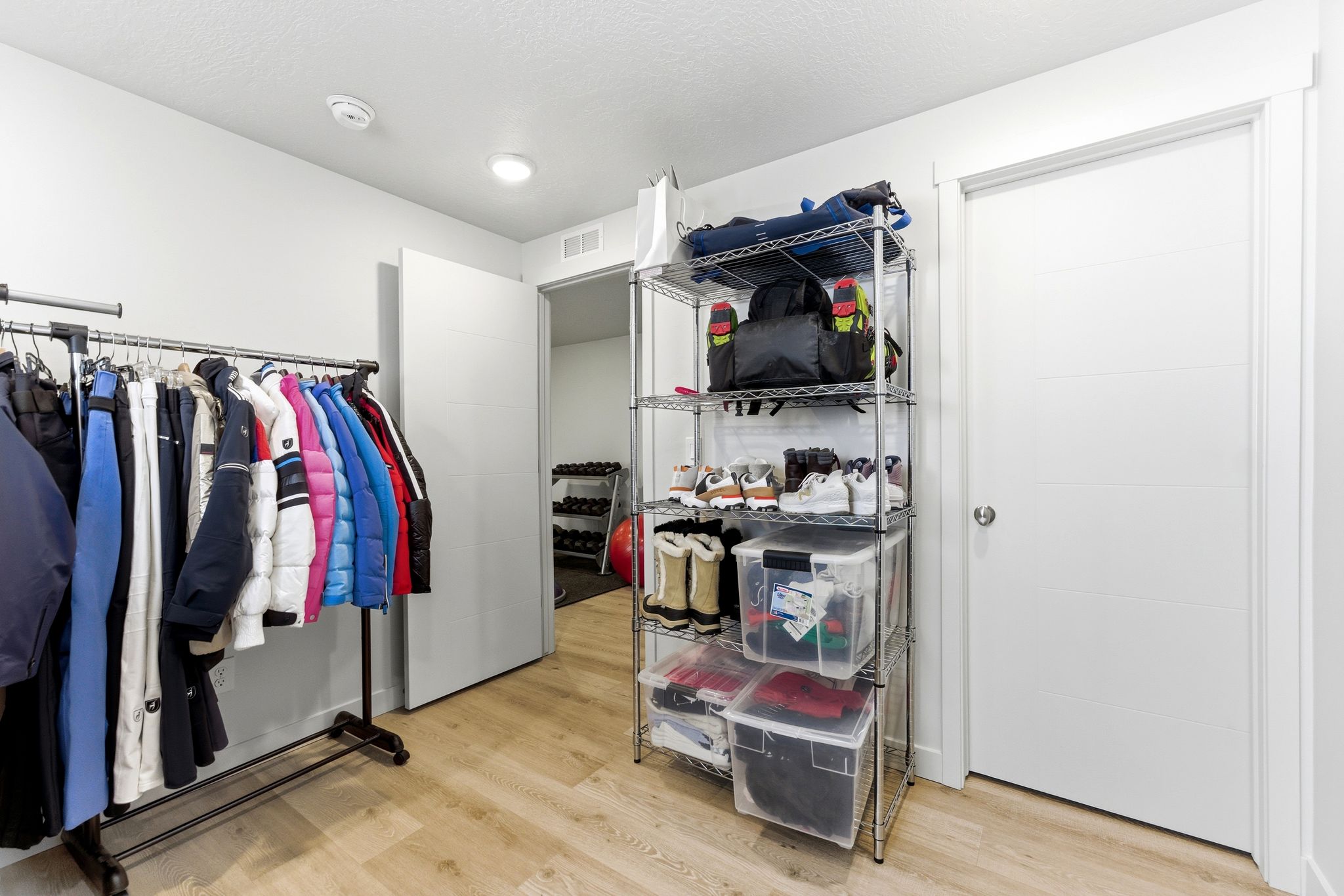 Bright interior space with wood-finish flooring
