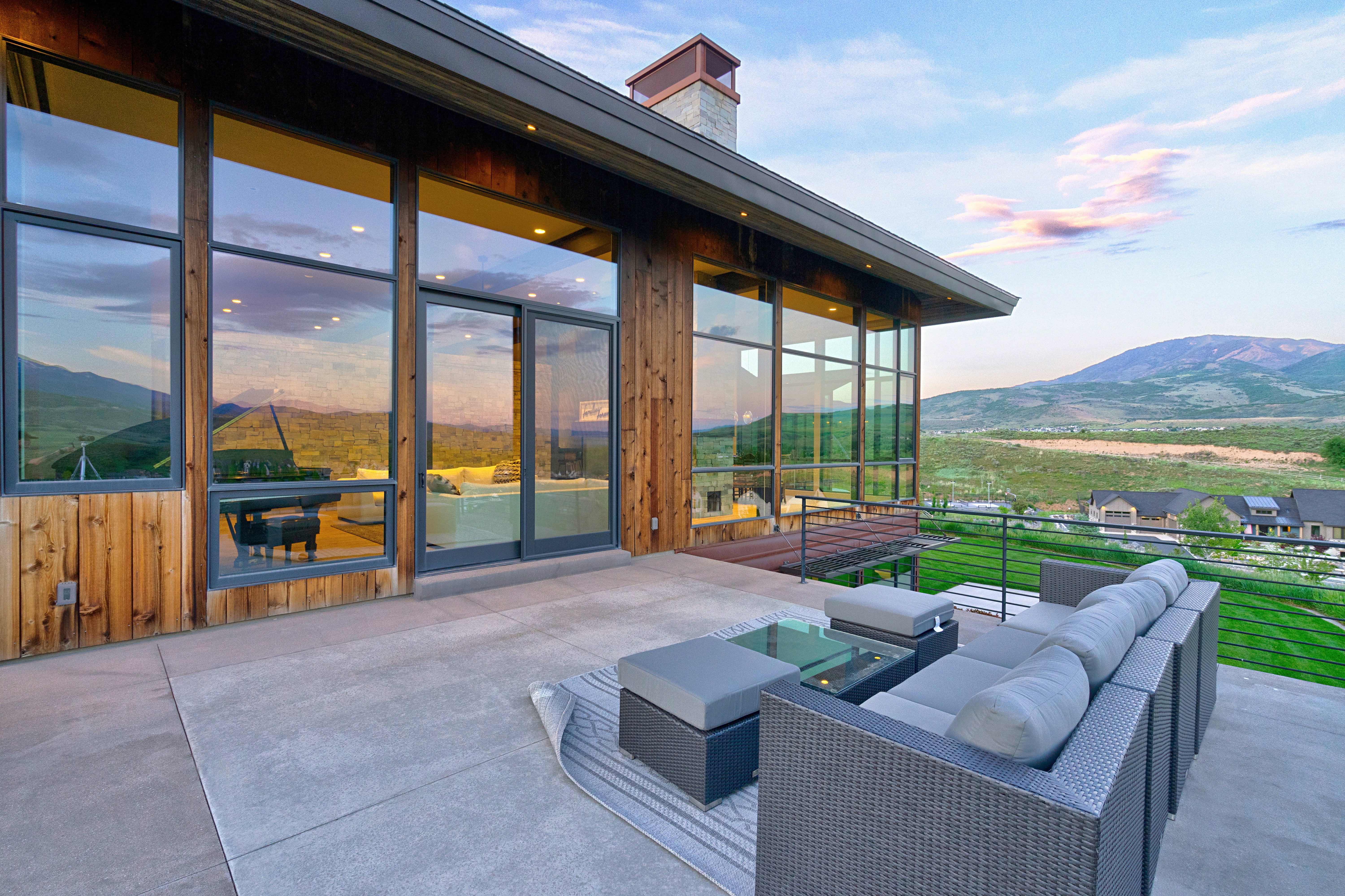 Expansive concrete patio with mountain scenery