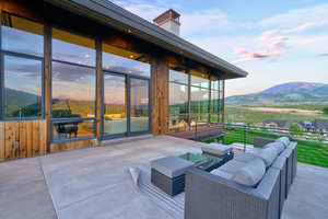 Expansive concrete patio with mountain scenery