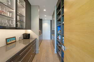 Modern pantry featuring extensive wood-finish shelving, recessed lighting, and light wood-finish flooring