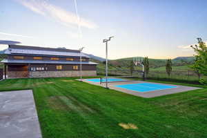 Expansive outdoor recreational area featuring a multi-sport court with basketball hoop and pickleball lines, surrounded by a manicured lawn