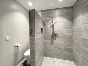 Walk-in shower featuring large format gray tile walls with a recessed niche and a brushed nickel shower system
