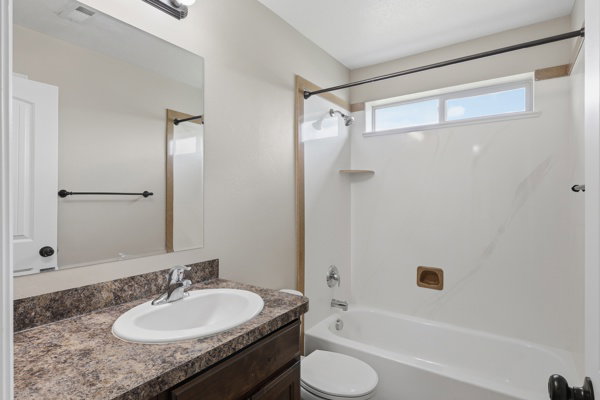 Bathroom vanity featuring a single basin sink and speckled countertop