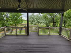 Covered deck featuring composite decking, painted wood railings, and a wood-paneled ceiling with recessed lighting and a ceiling fan