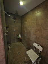 Spacious shower enclosure featuring large-format wall tiles and a mosaic tile floor