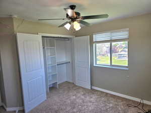 Carpeted room featuring a built-in closet with shelving and hanging rods
