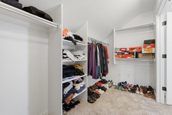 Walk-in closet featuring built-in shelving, multiple hanging rods, and carpet flooring