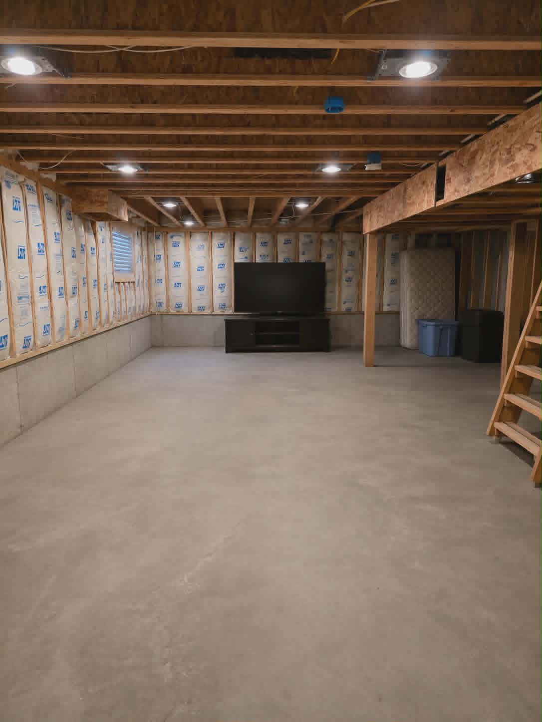 Unfinished basement with concrete flooring, exposed wood joists, recessed lighting, and insulated exterior walls