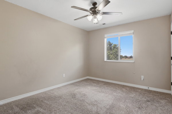 Neutral tone wall paint, textured carpeting, contemporary ceiling fan with light fixture, white window trim, and white baseboards