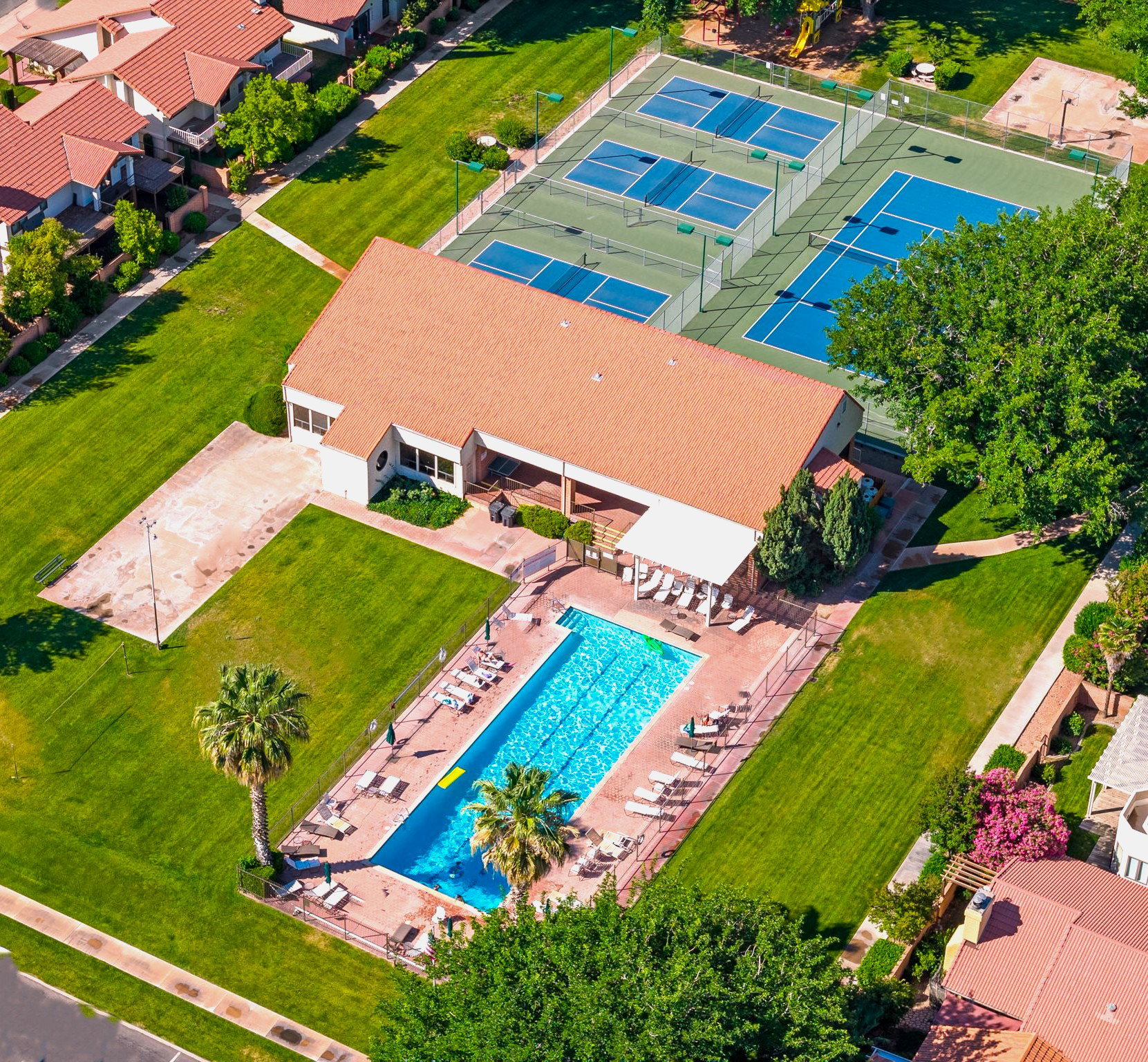 Olympic size pool, pickleball courts, tennis court