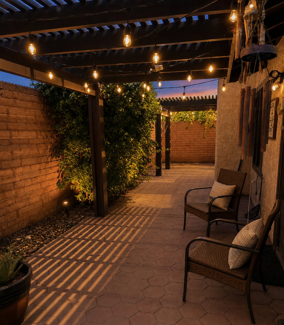 Covered patio at dusk with lighting