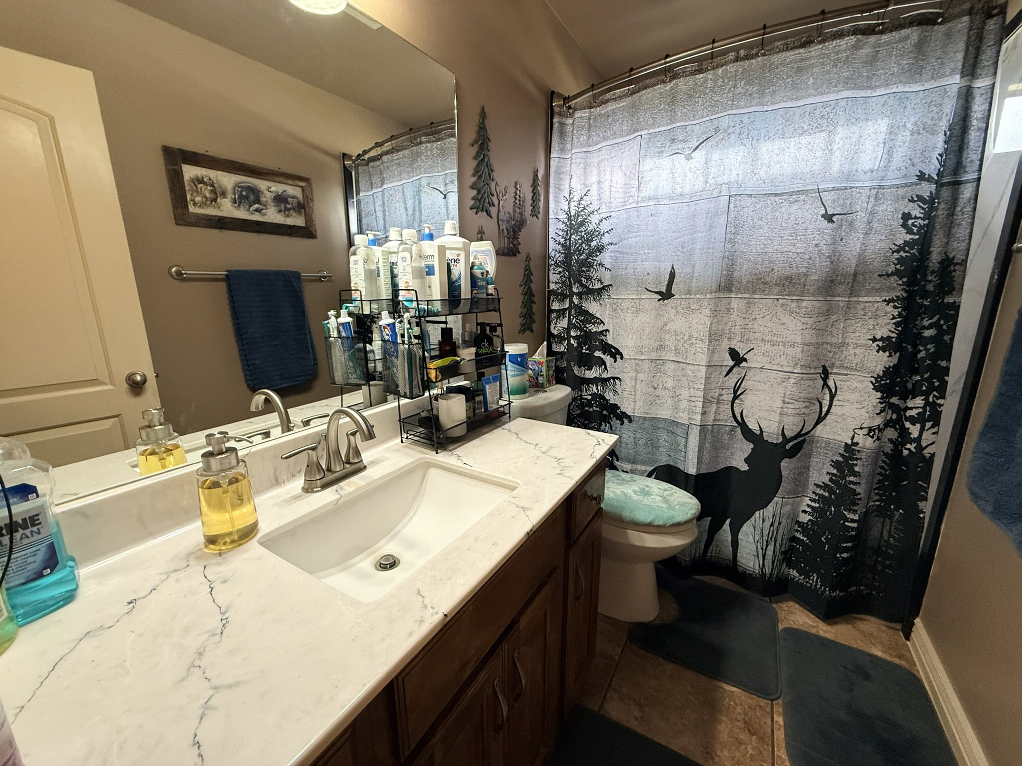 Bathroom vanity featuring a single basin sink, brushed nickel faucet, and a large wall-mounted mirror