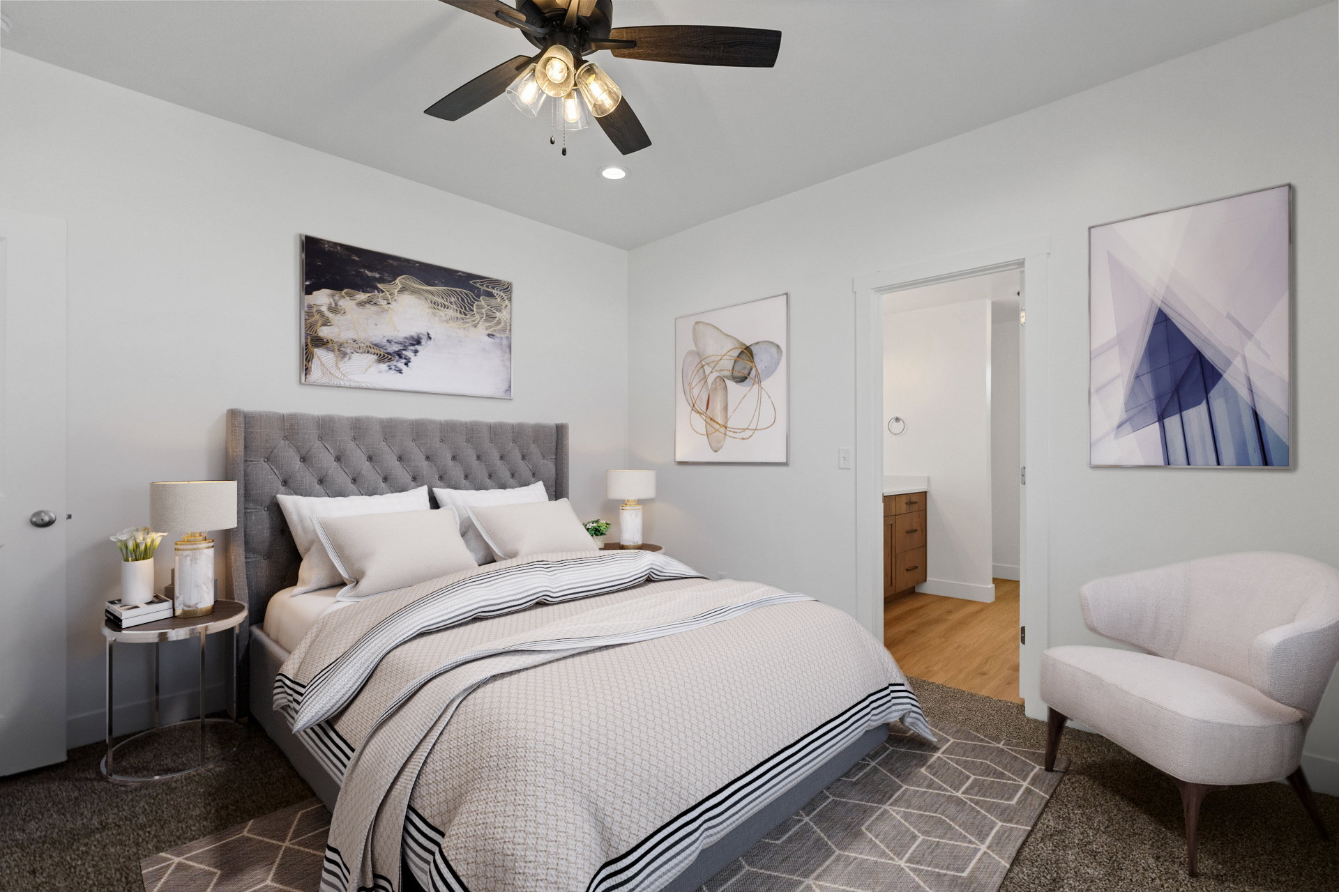 Bedroom featuring light-colored walls, recessed lighting, and a ceiling fan with integrated lighting