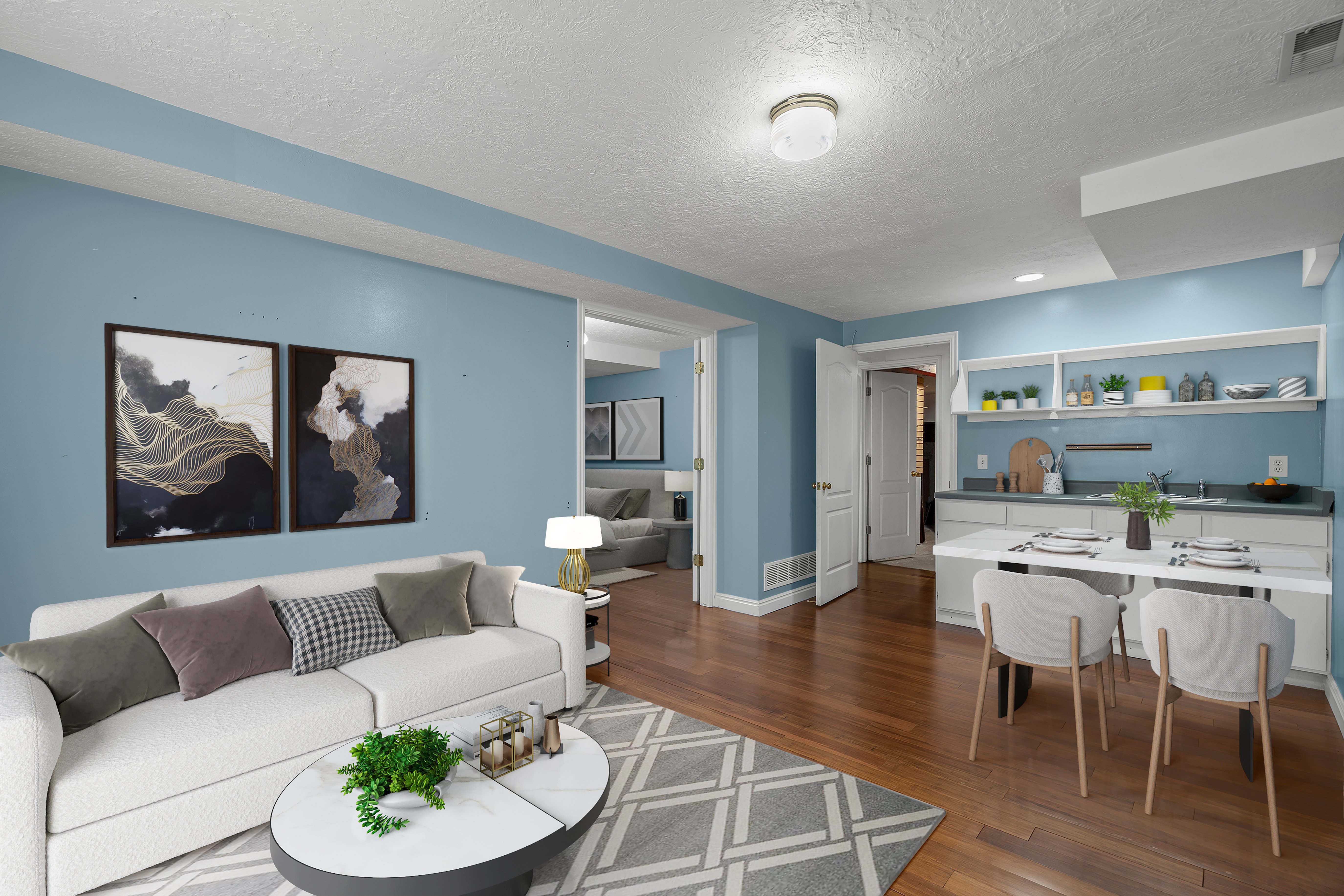 Basement living room virtually staged