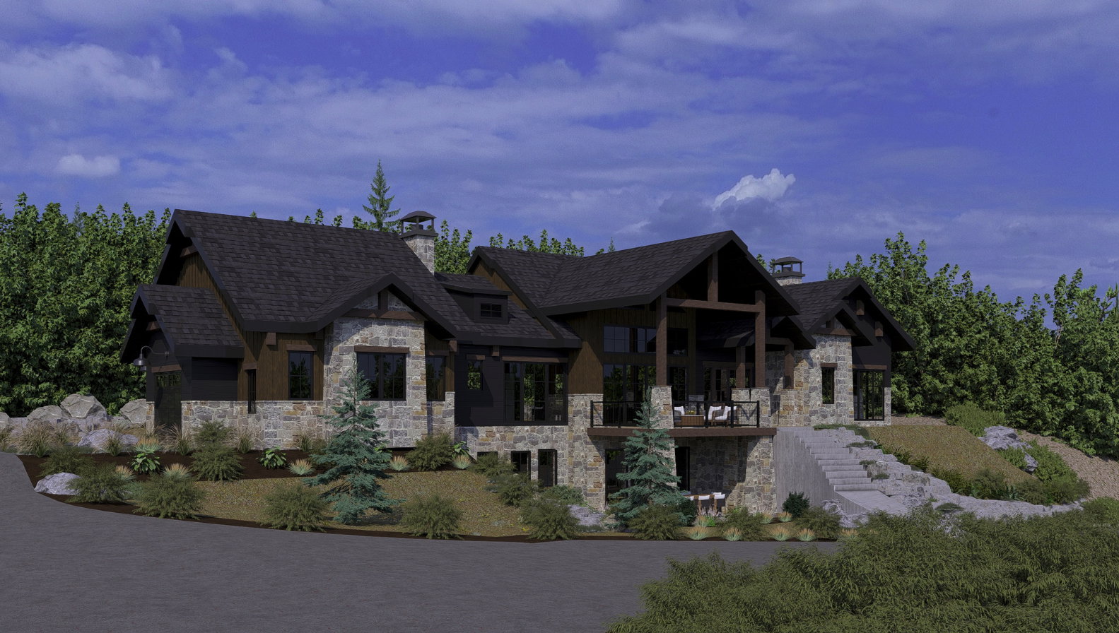 Rendered View of front of home featuring stone siding, front deck, and a chimney