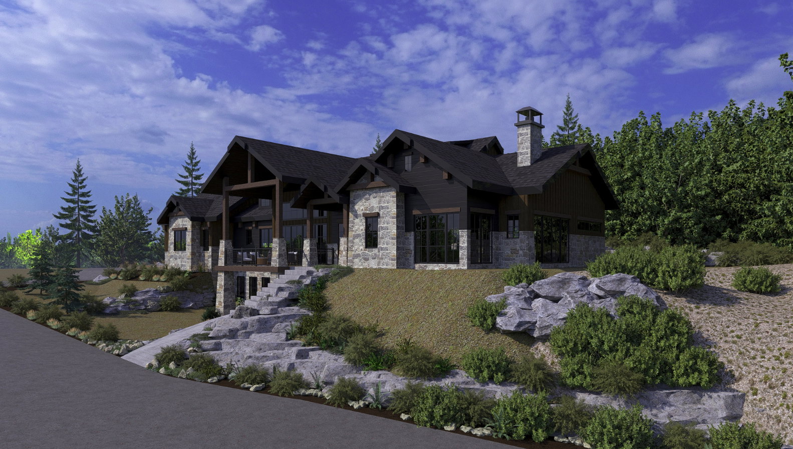 Rendered View of side of home featuring stone siding and a chimney