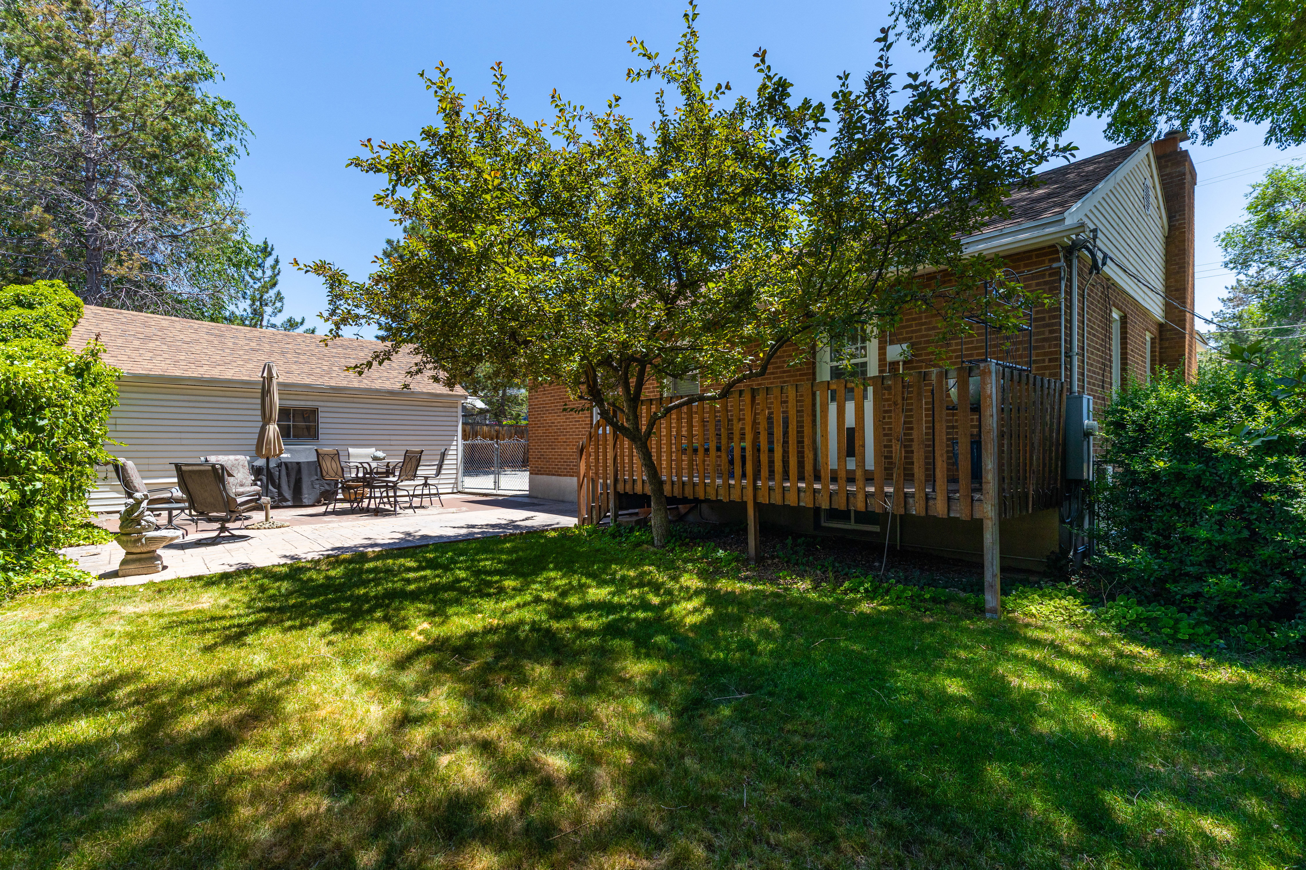 Expansive green lawn with mature trees providing dappled shade