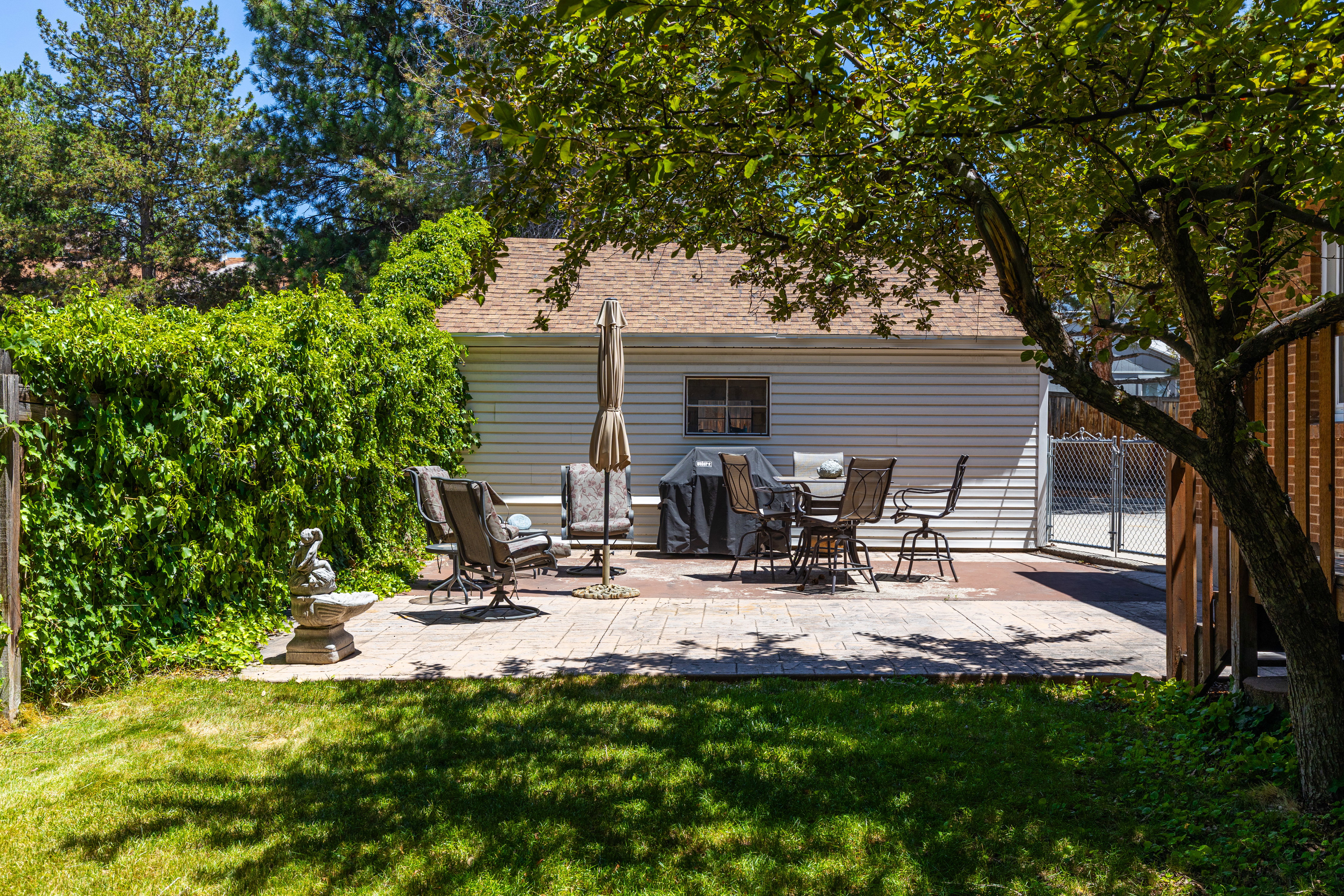 Outdoor patio featuring stamped concrete, surrounded by lush green foliage and mature trees