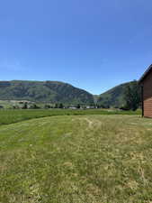 Expansive green lawn with a partial red siding structure