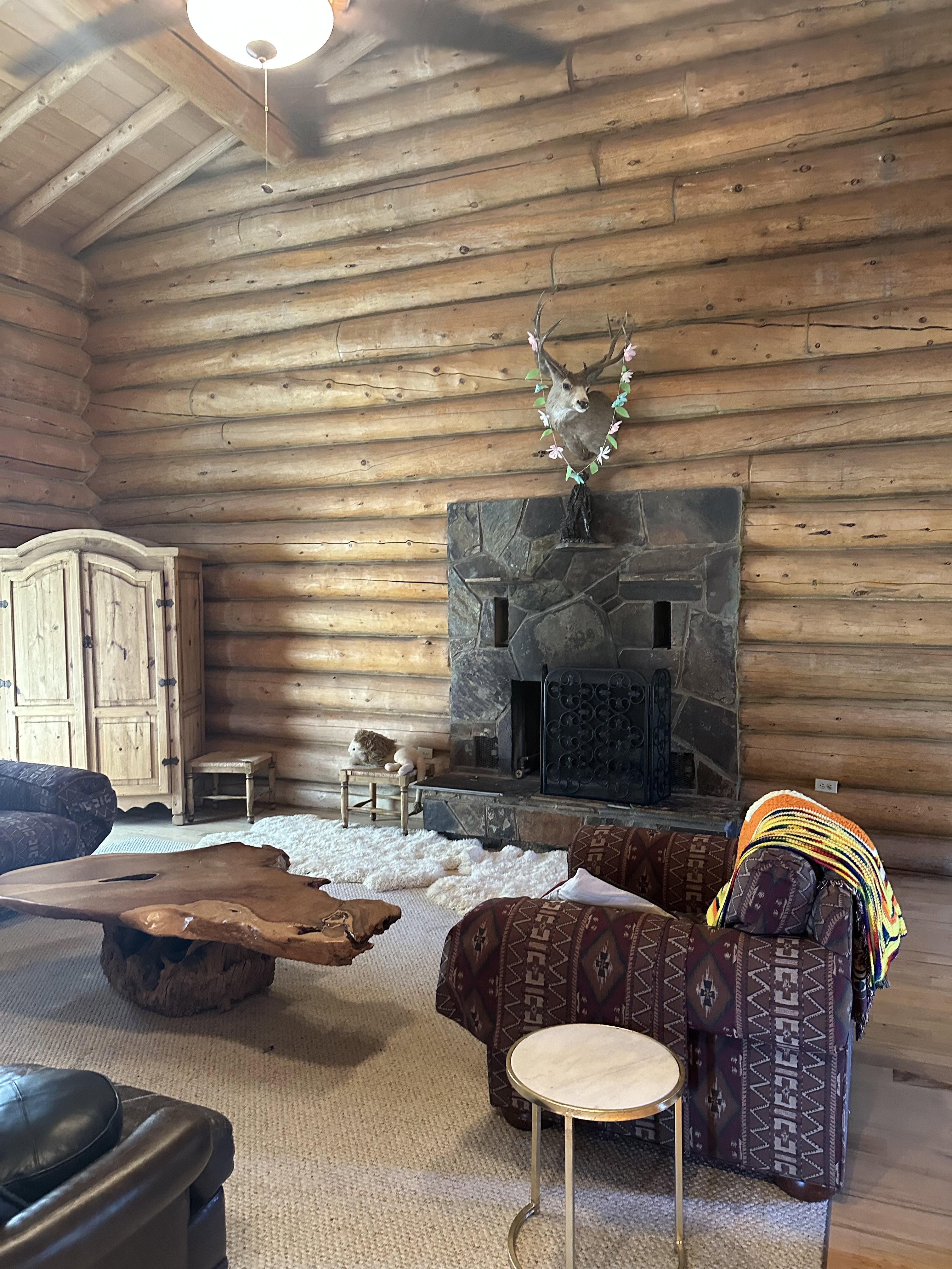 Log cabin interior featuring a stone fireplace with a cast iron fire screen, exposed log walls, vaulted wood-paneled ceilings, and light-toned carpet flooring