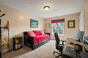 Bedroom with a desk and carpet flooring