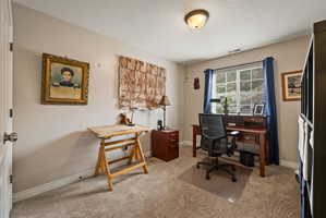 Office space featuring carpet floors and baseboards