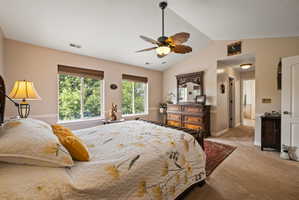 Carpeted bedroom with lofted ceiling and ceiling fan