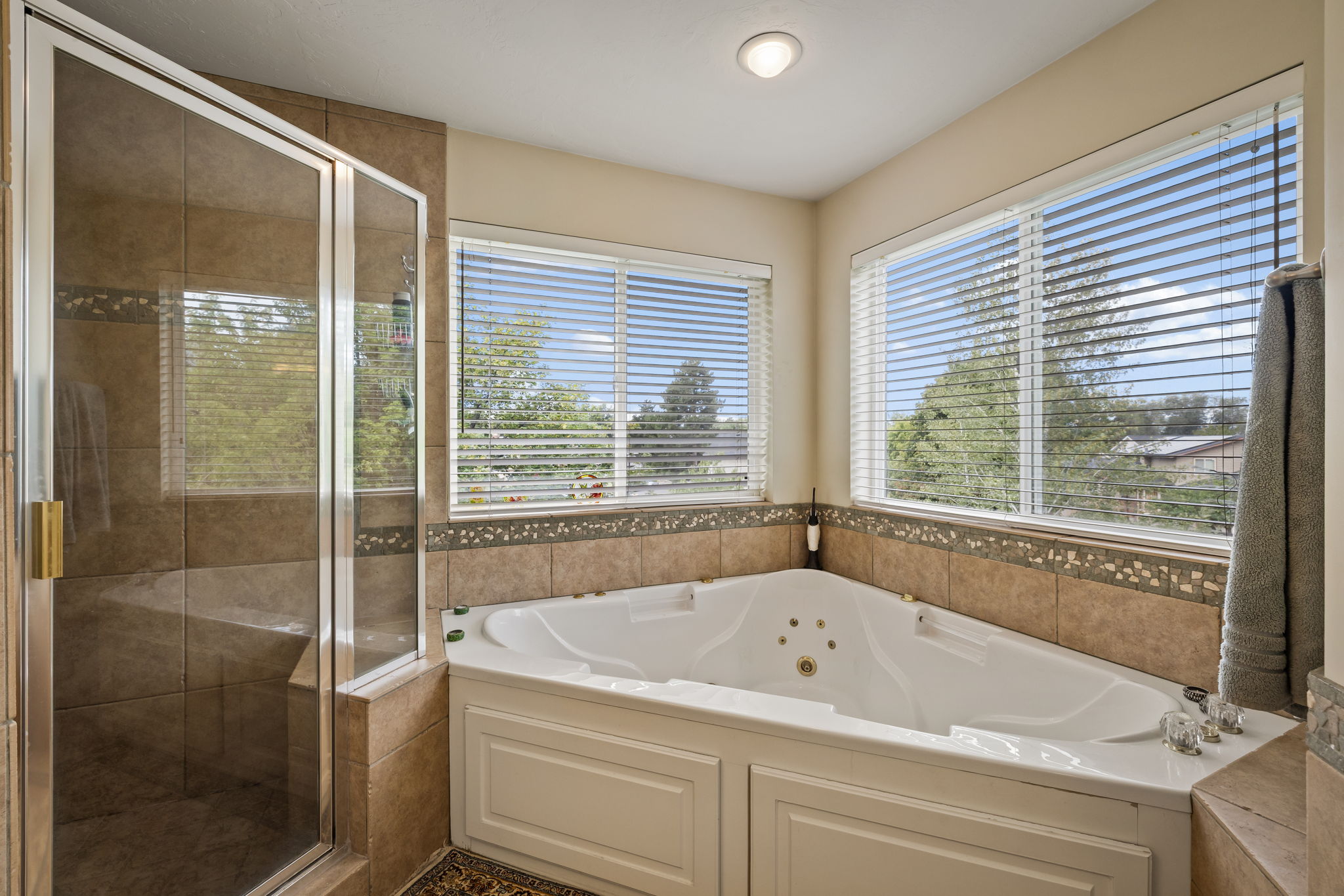 Full bath featuring a jetted tub, a stall shower, and healthy amount of natural light