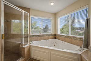 Full bath featuring a jetted tub, a stall shower, and healthy amount of natural light
