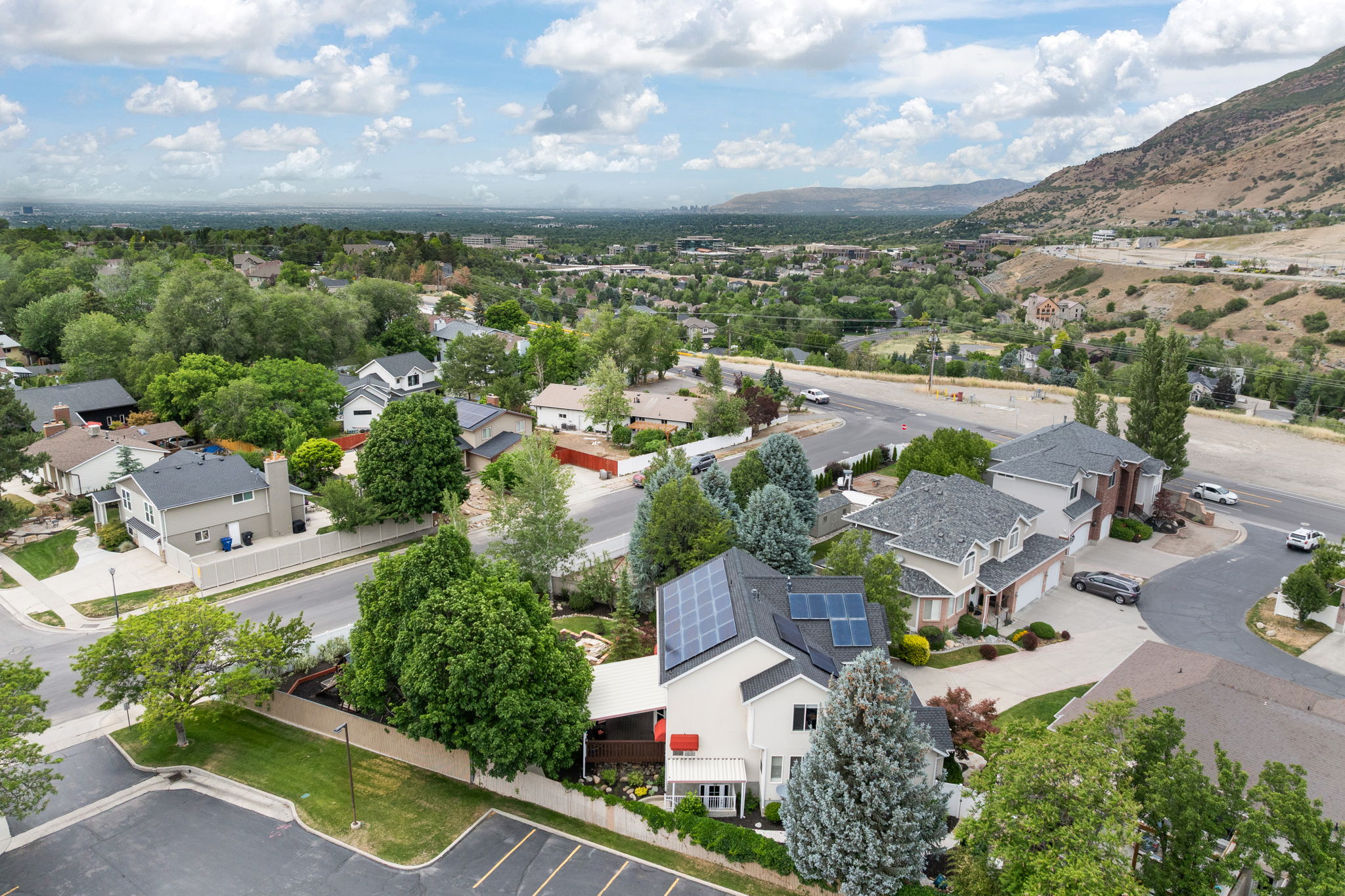 Aerial perspective showcasing a residential area with diverse home styles, mature trees, and a distant mountain range