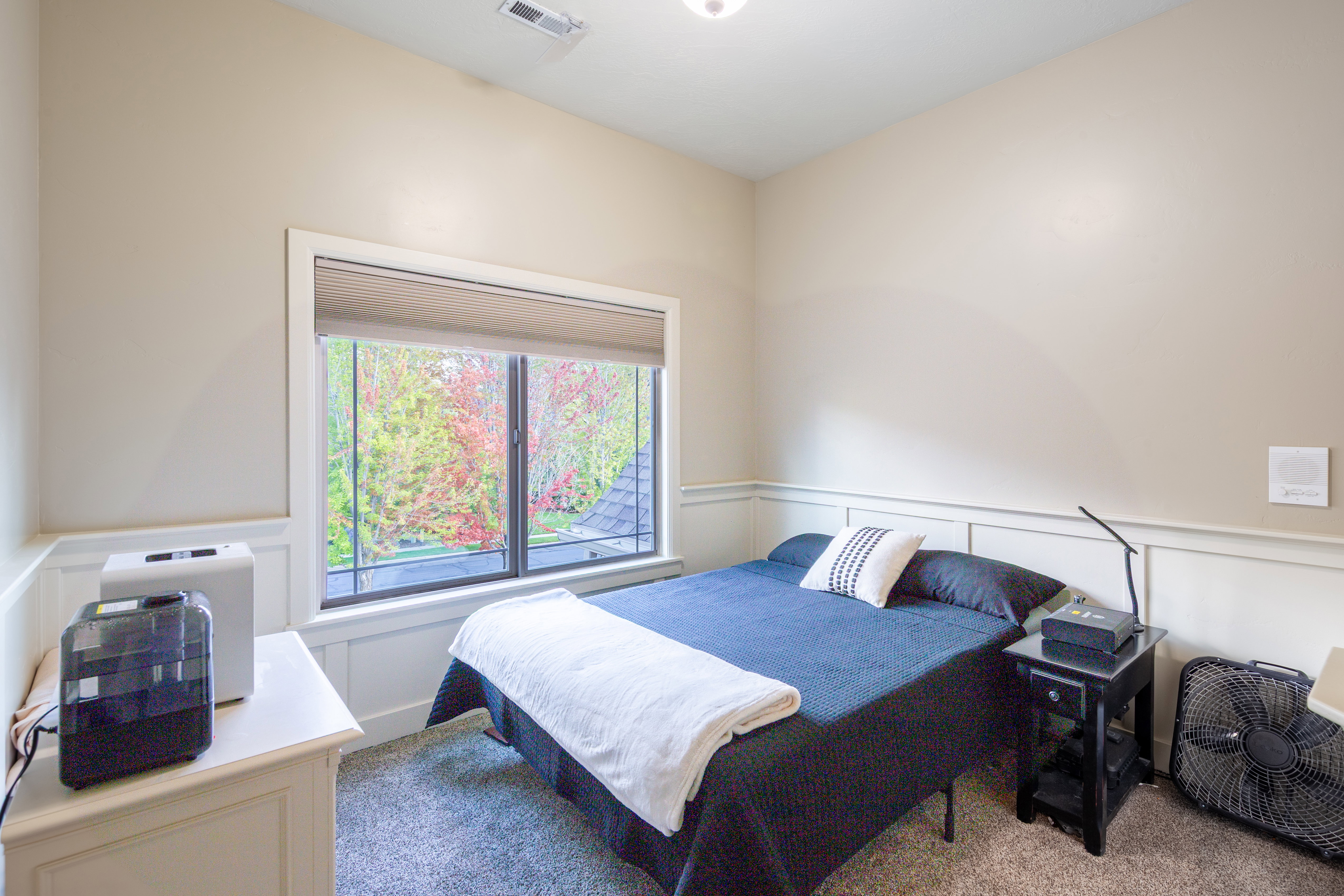Carpeted room with a large window featuring a roller shade