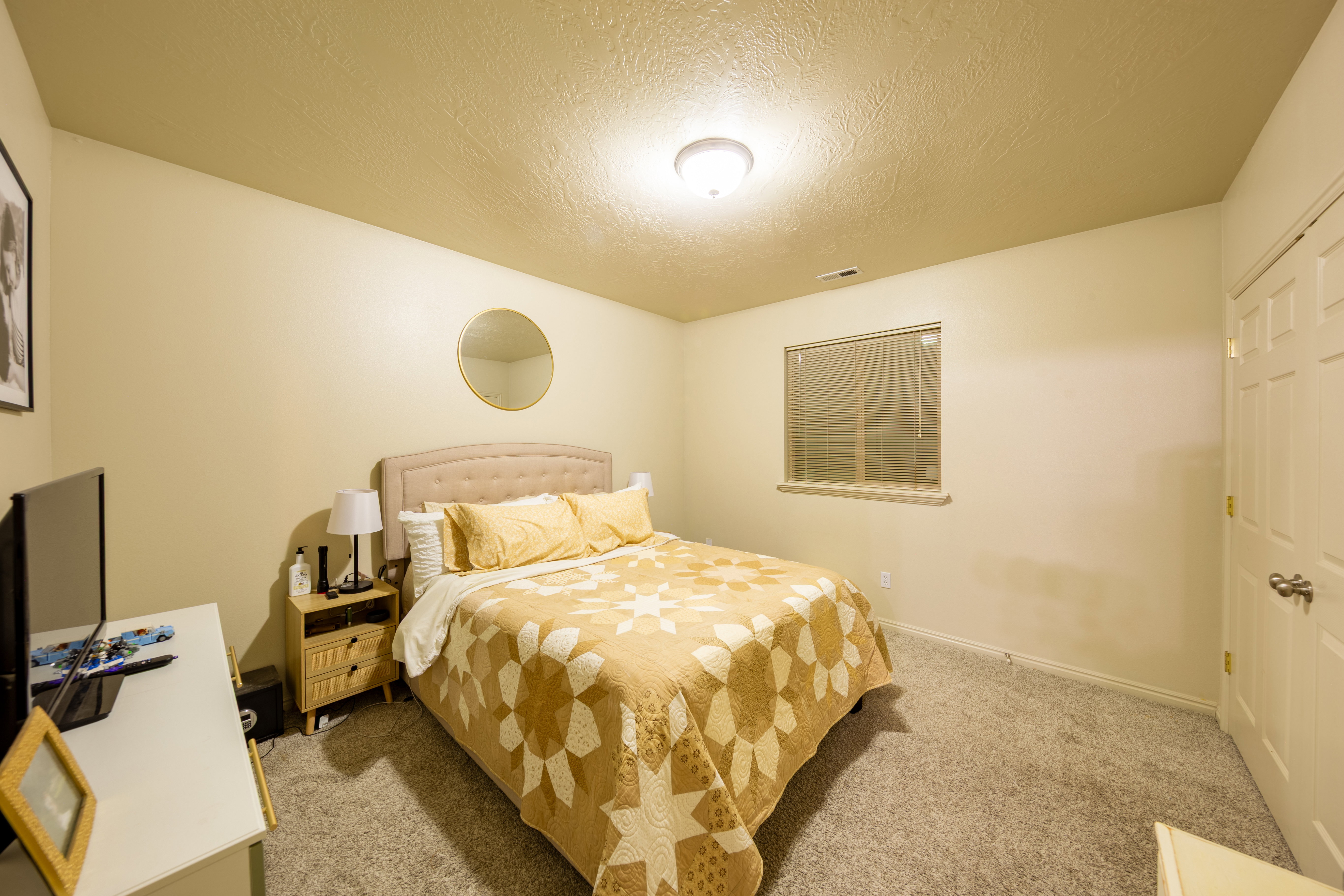 Carpeted interior room featuring a window with blinds, a solid interior door, and a built-in overhead light fixture