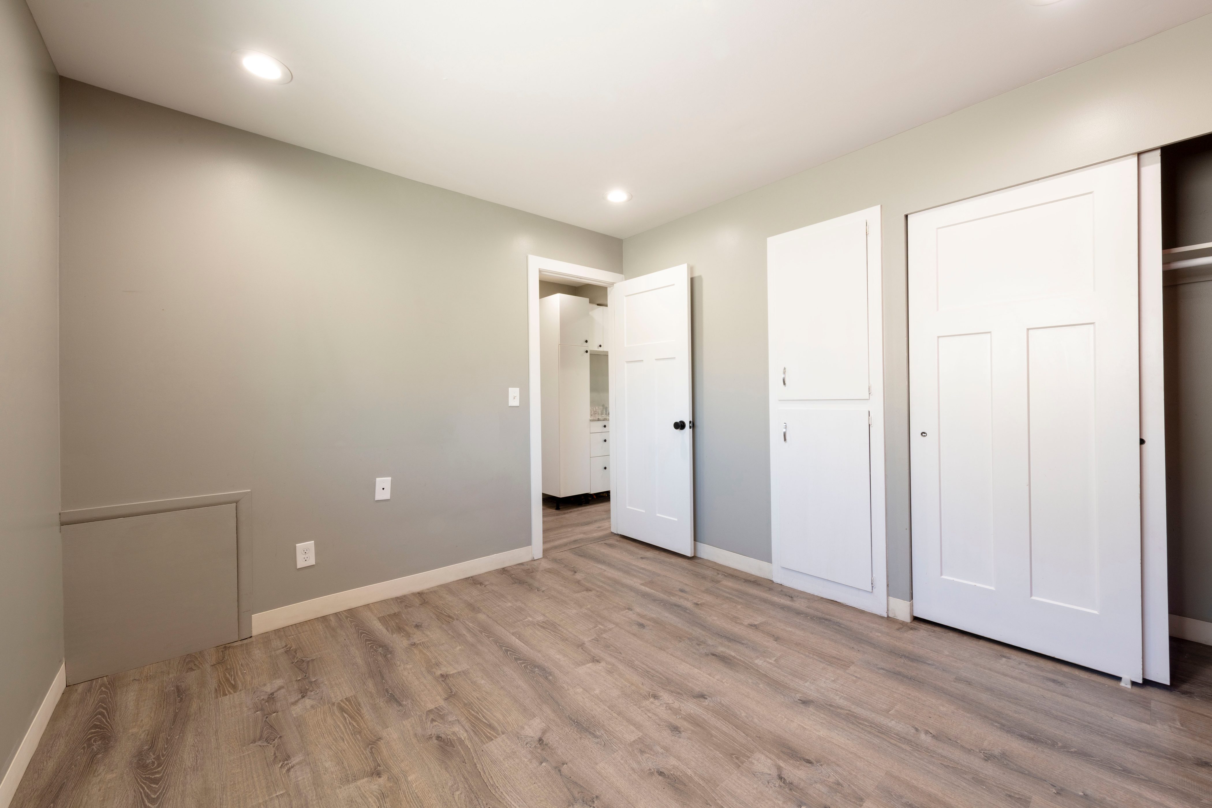 Room featuring wood-finish flooring, recessed lighting, neutral wall paint, white trim, and white paneled doors