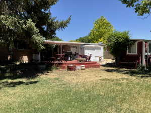 Expansive backyard featuring a multi-level deck, a covered patio area, and mature trees