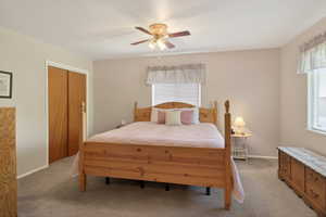 Carpeted room featuring a ceiling fan with integrated lighting, wood-finish bi-fold closet doors, and two windows with blinds