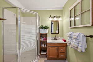 Corner shower with frosted glass doors