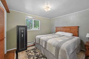 Bedroom featuring wood-finish flooring, a window with exterior tree views, and a ceiling-mounted light fixture