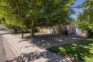 Brick exterior with a mature shade tree, gravel driveway, chain-link fence, and a concrete sidewalk