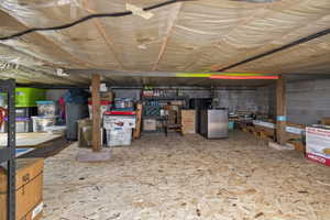Utility basement space featuring exposed wood-finish floor joists, block wall construction, and a plywood subfloor