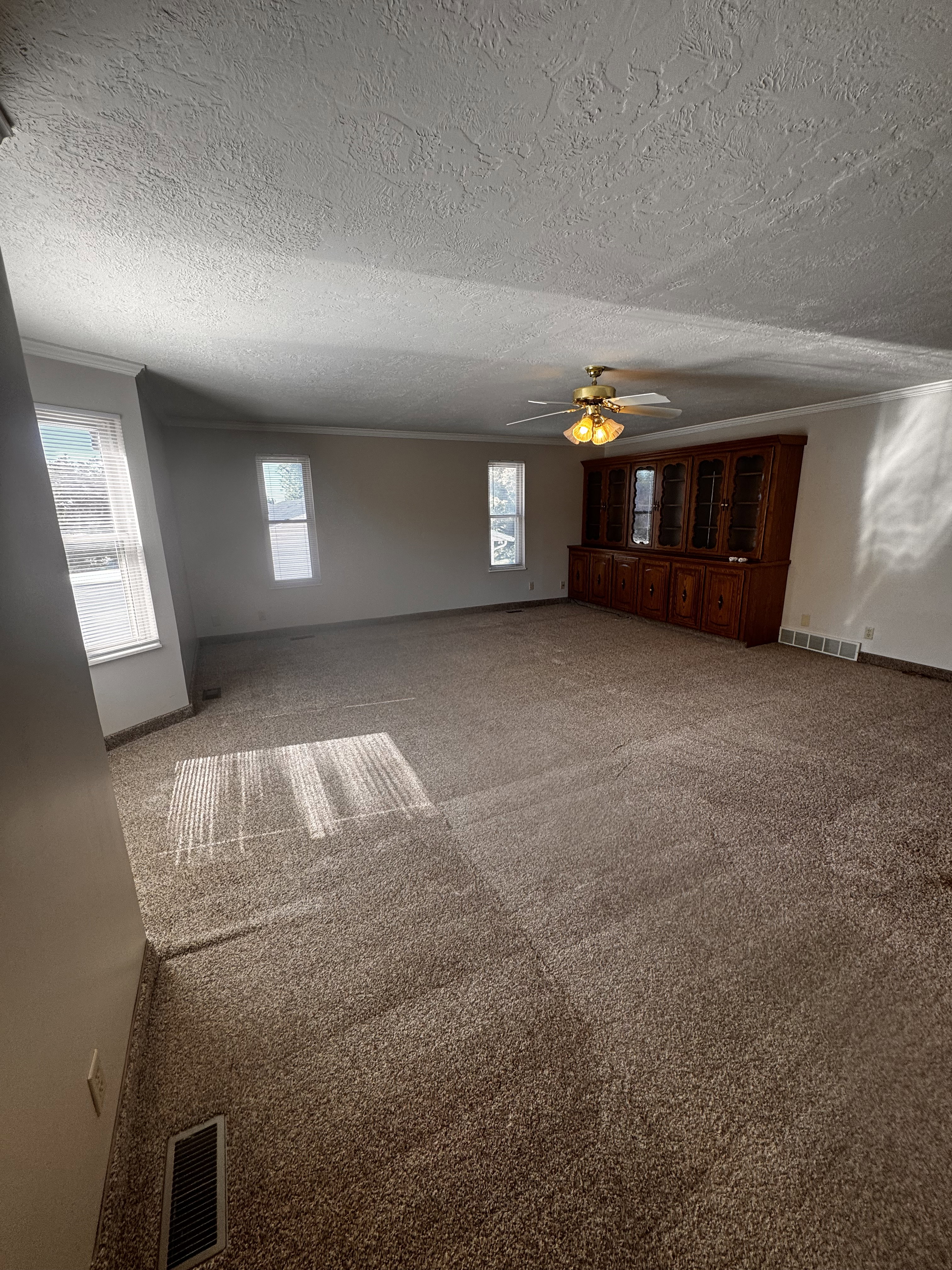 Spacious room featuring neutral carpeting, a built-in wood-finish display cabinet, multiple windows, a ceiling fan with integrated lighting, and crown molding