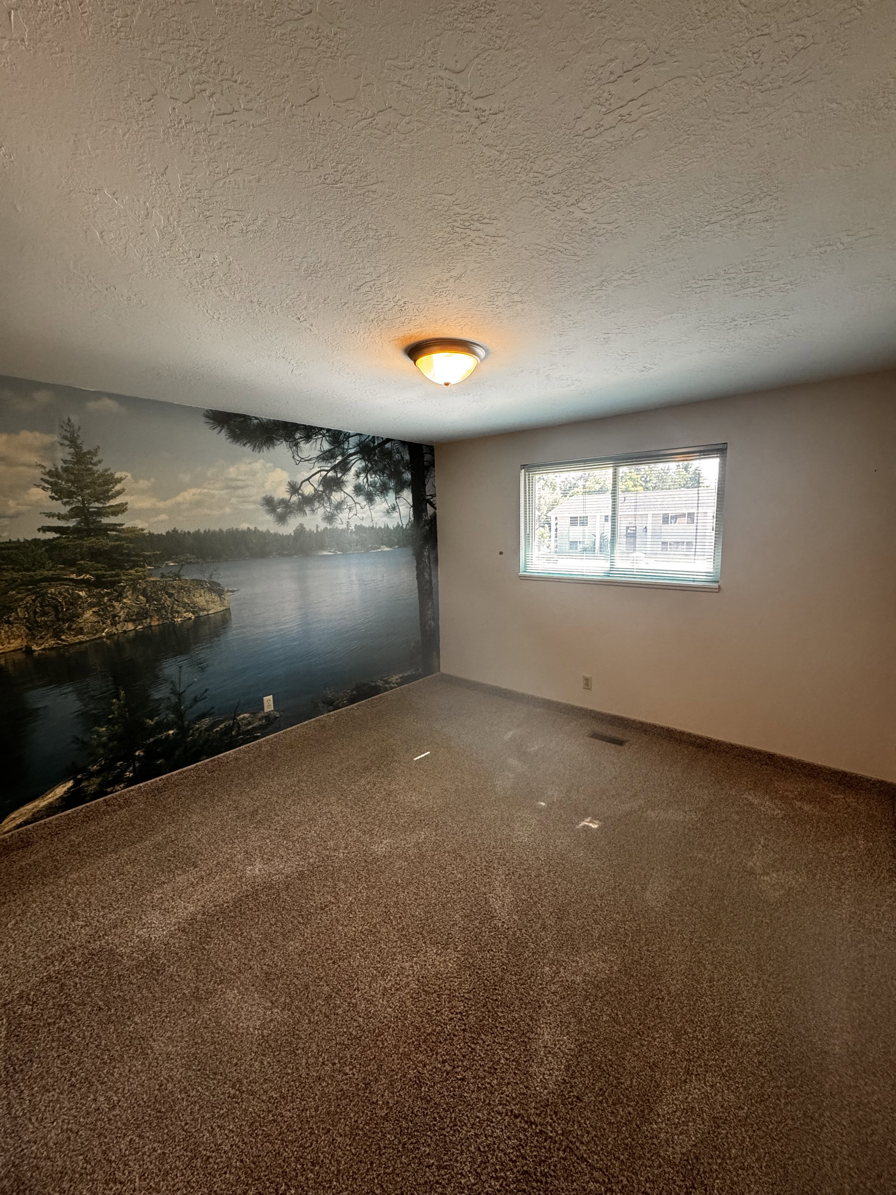 Room with a wall-mounted mural, recessed window, textured ceiling, and flush-mount ceiling light
