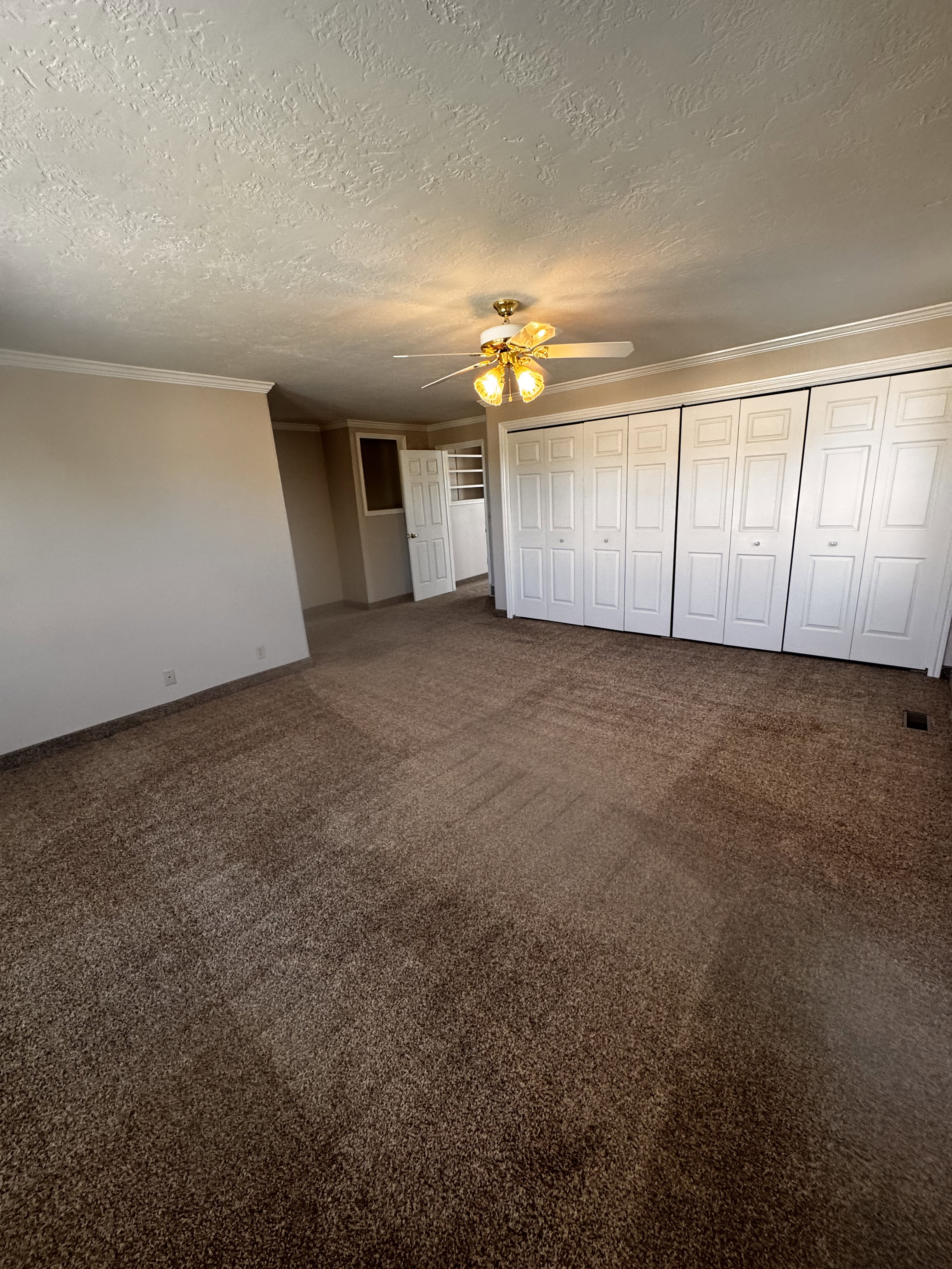 Spacious room featuring broadloom carpet, multiple closet doors, a ceiling fan with integrated lighting, and crown molding
