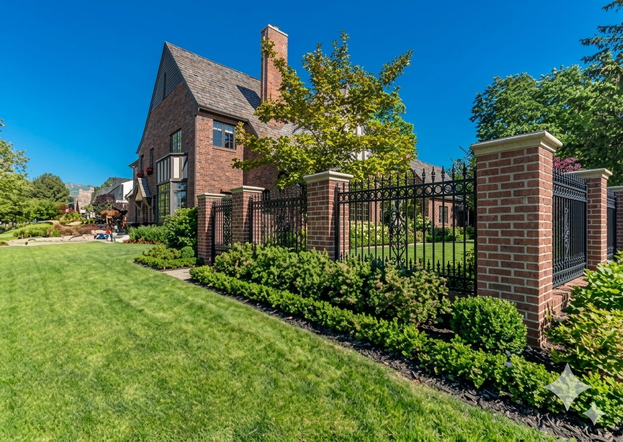 Side yard with virtual rendition of enclosed yard with brick pillars