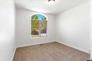 Room featuring an arched window with horizontal blinds, neutral-toned carpet, and white baseboards