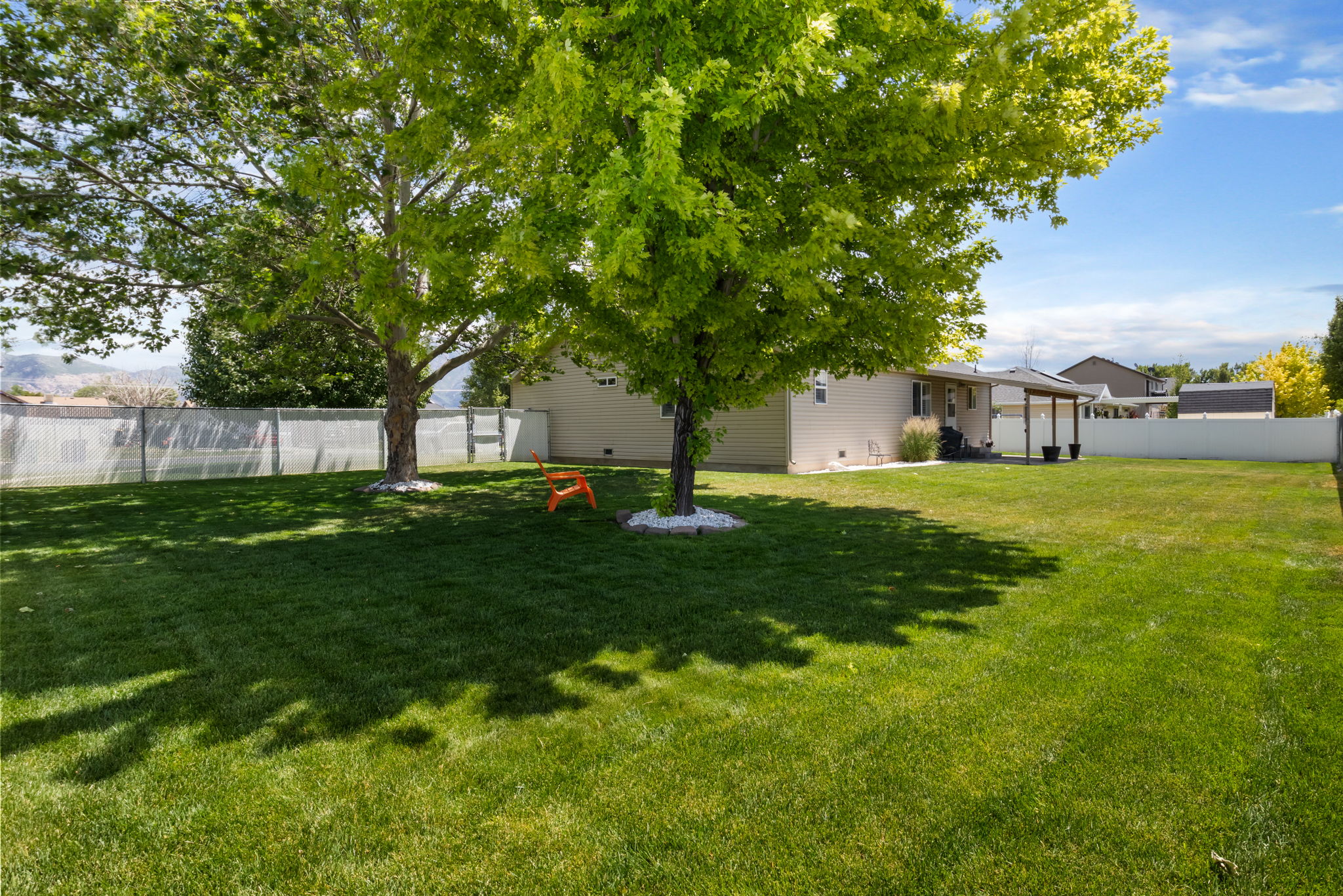 Expansive backyard featuring a lush lawn, mature shade trees, and a white privacy fence