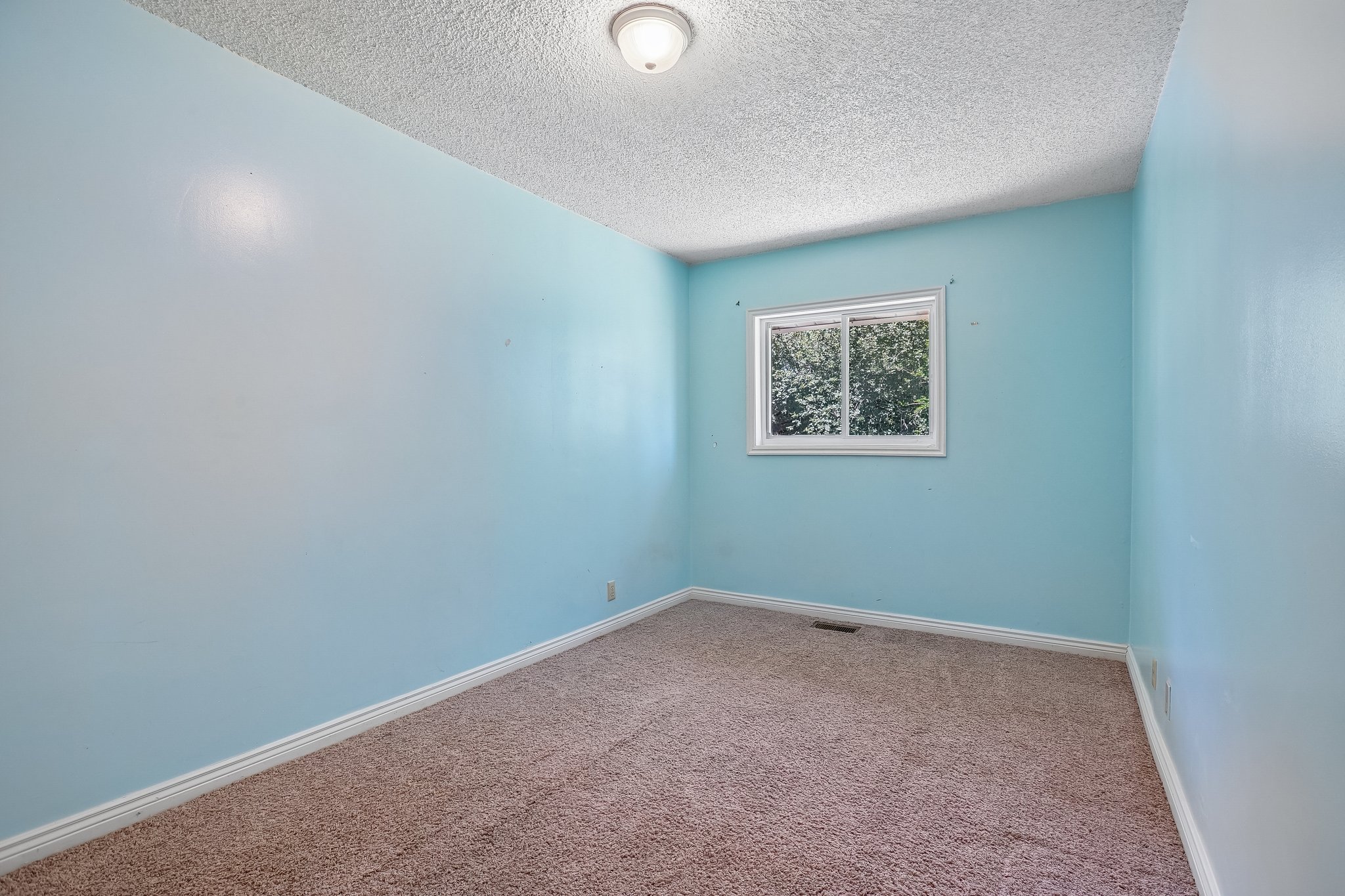 Room featuring light blue walls, brown carpeting, and a white trim baseboard