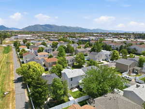 Aerial perspective showcasing a residential area with varied housing styles, mature trees, and individual fenced yards