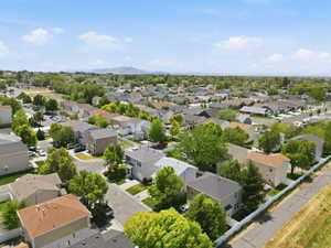 Aerial perspective showcasing a residential area with varied housing styles