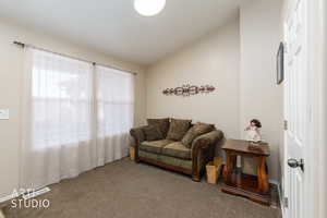 Carpeted room featuring dual windows with sheer coverings, light neutral wall paint, and a ceiling-mounted light fixture